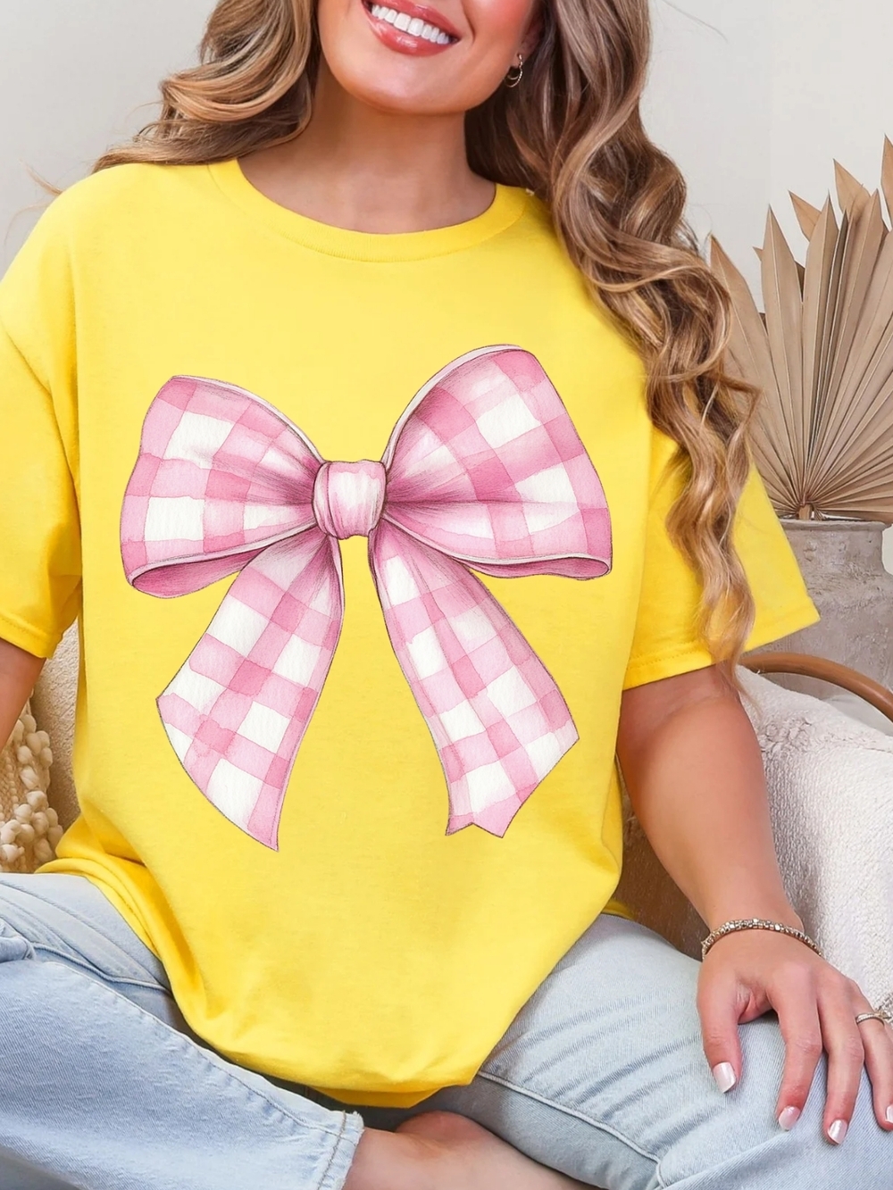 Gildan Yellow Short-Sleeve Tee with Pink Gingham Bow